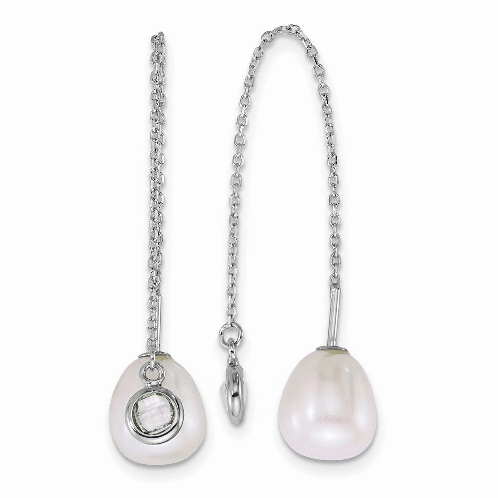 Sterling Silver Rhodium-plated 6-8mm Teardrop White Freshwater Cultured Pearl and Glass Stone Threader Earrings