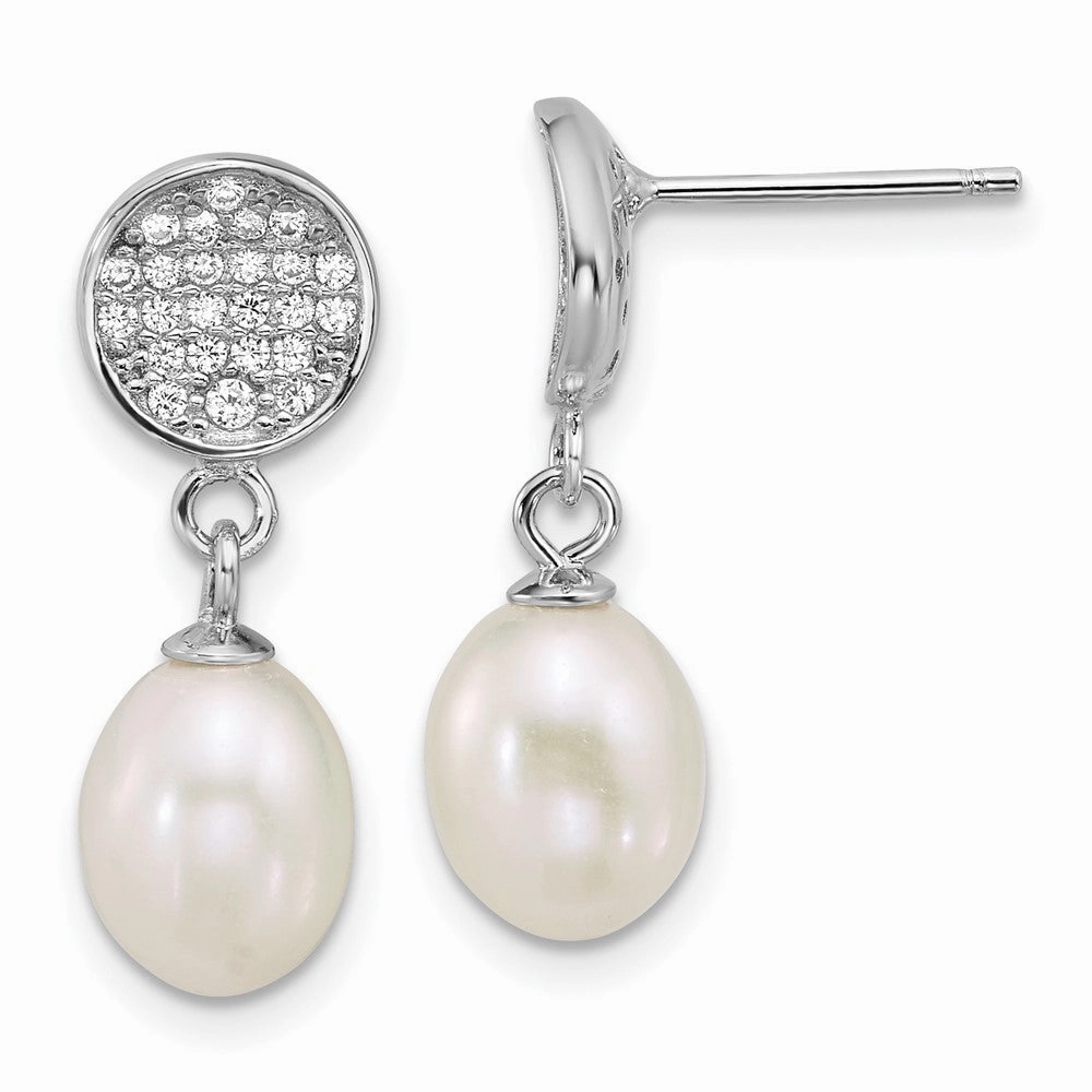Sterling Silver Rhodium-plated 6-8mm Teardrop White Freshwater Cultured Pearl and Pave CZ Dangle Post Earrings