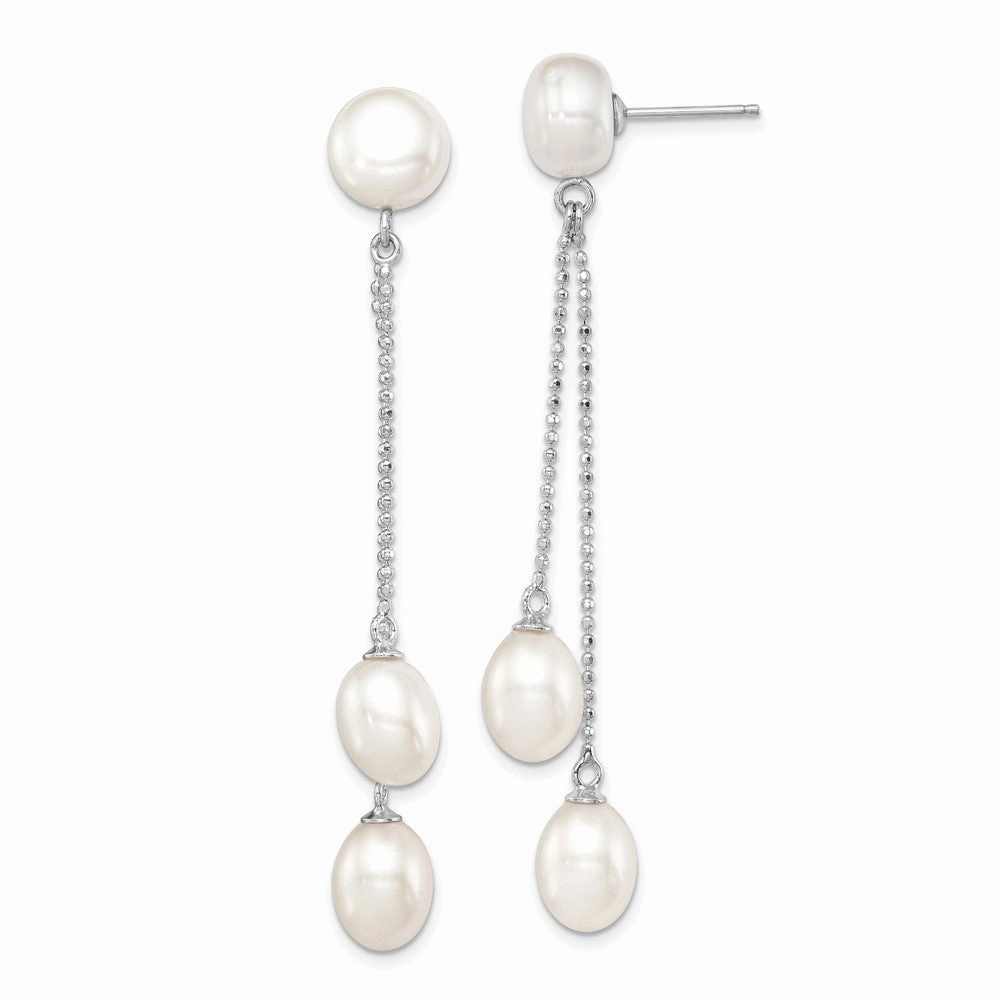 Sterling Silver Rhodium-plated 6-9mm White Rice and Button Freshwater Cultured 3-Pearl Post Dangle Earrings