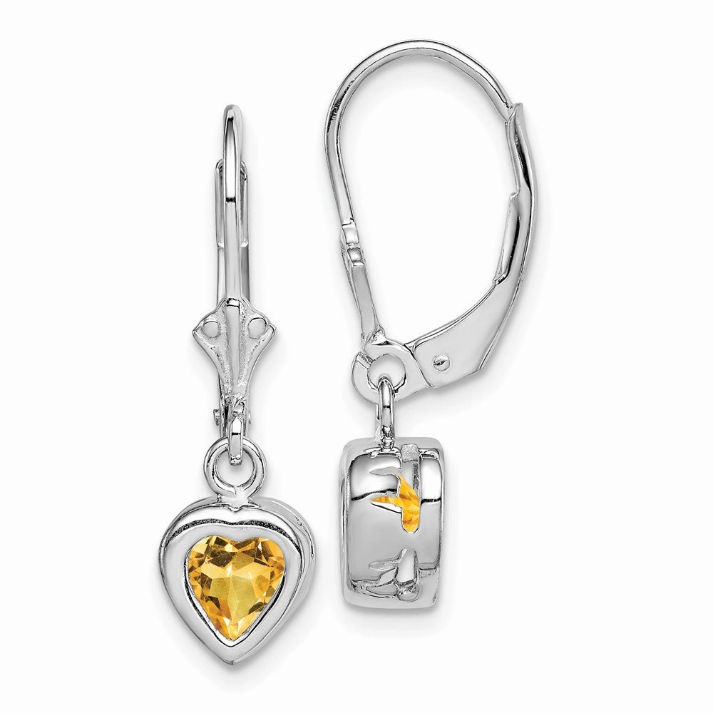 Sterling Silver Rhodium Plated 6mm Heart Citrine Leverback Earrings