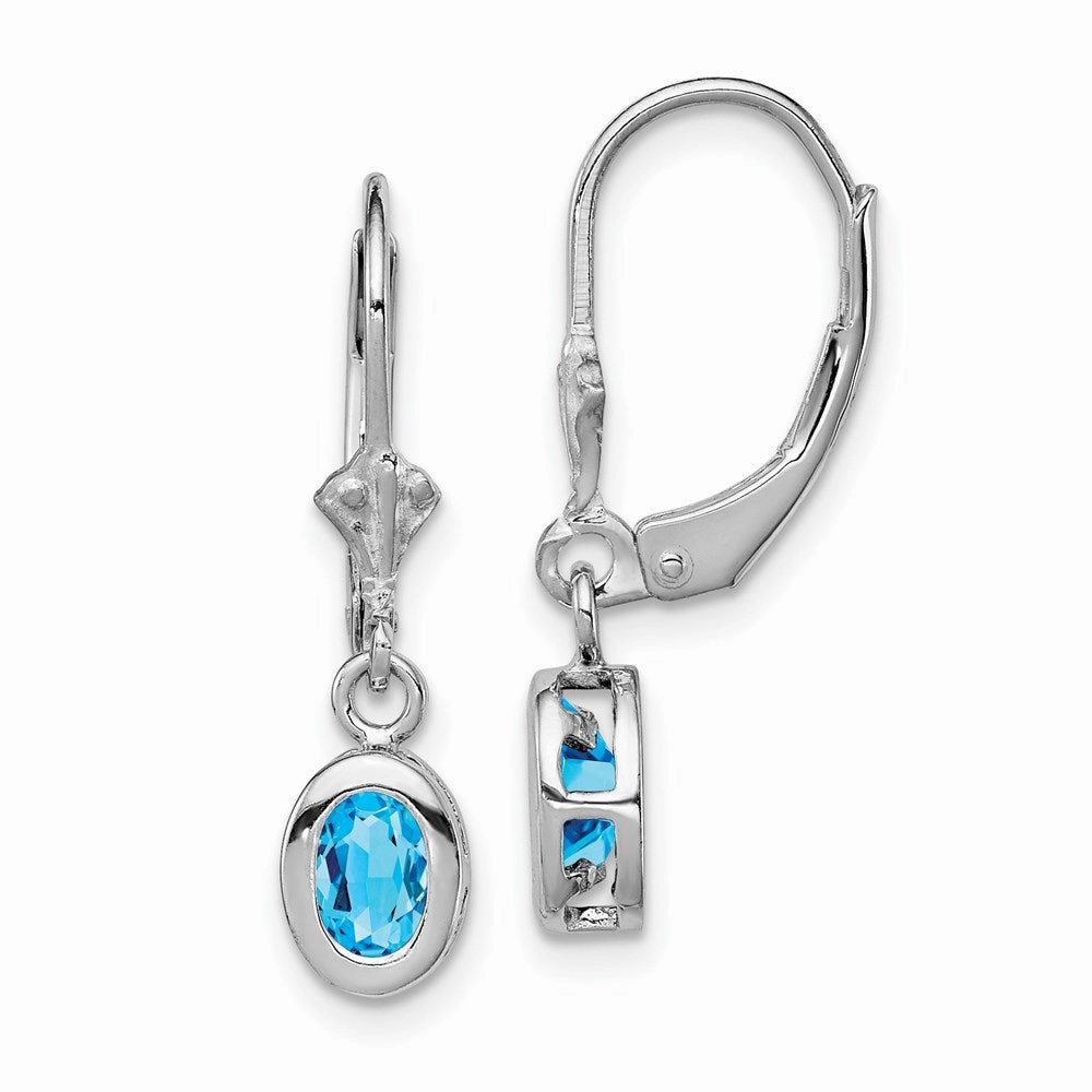 Sterling Silver Rhodium Plated 6x4mm Oval Blue Topaz Leverback Earrings