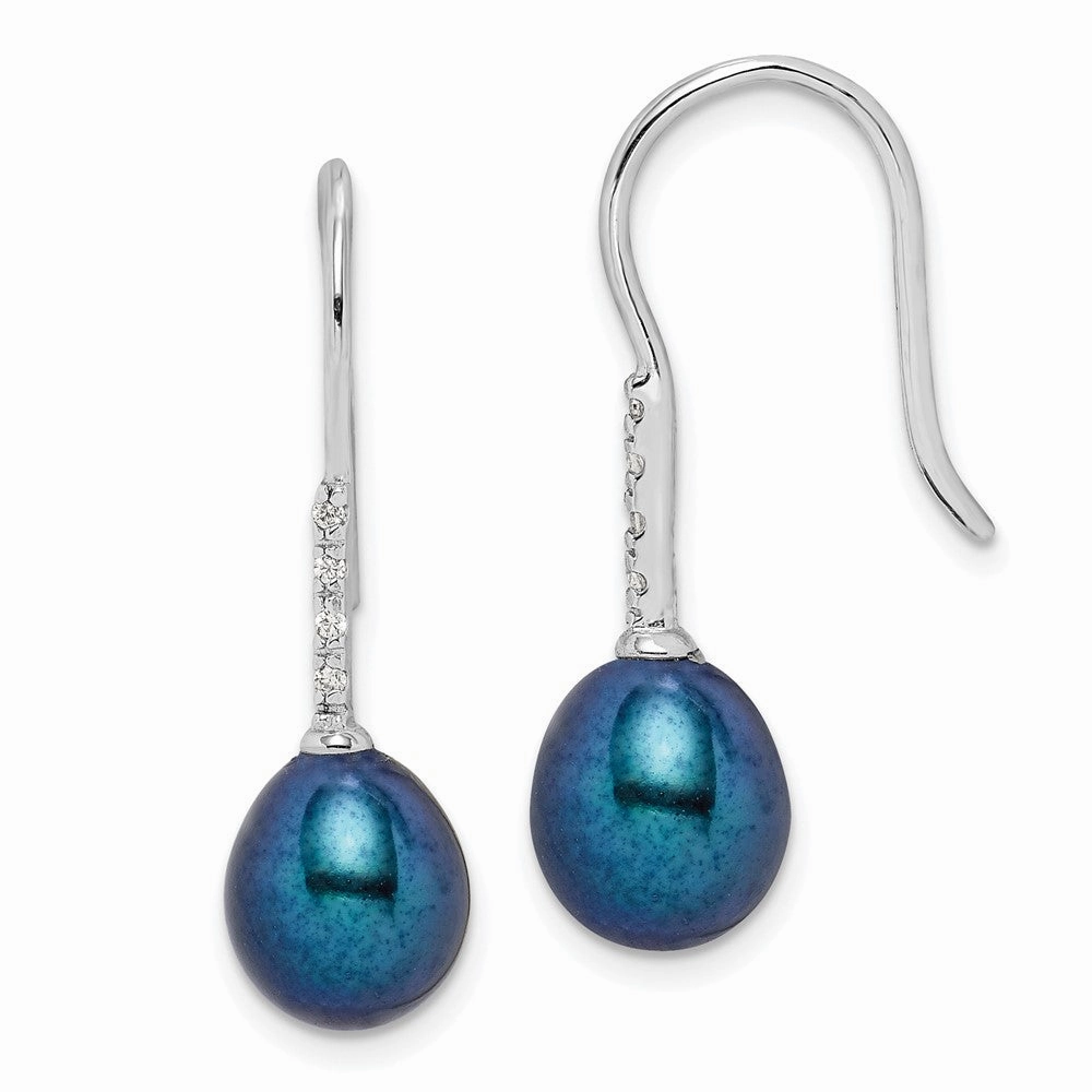 Sterling Silver Rhodium-plated 7-8mm Black Teardrop Freshwater Cultured Pearl and CZ Dangle Earrings