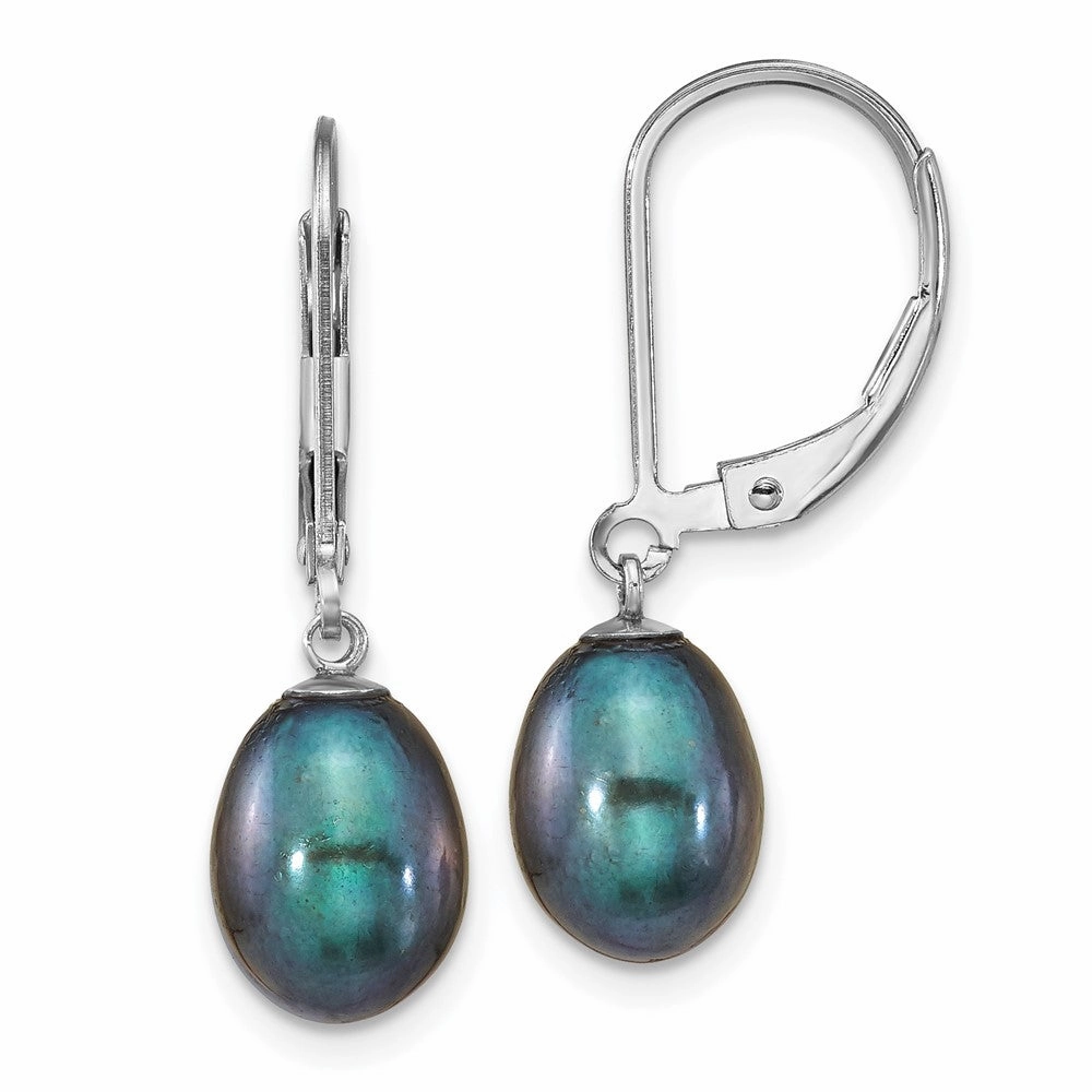 Sterling Silver Rhodium-plated 7-8mm Black Teardrop Freshwater Cultured Pearl Leverback Dangle Earrings