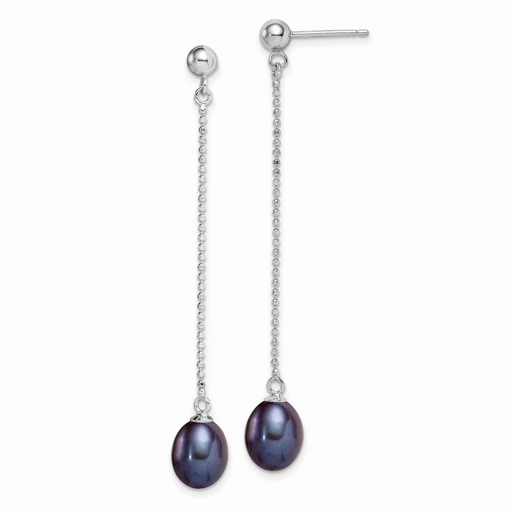 Sterling Silver Rhodium-plated 7-8mm Black Teardrop Freshwater Cultured Pearl Post Dangle Earrings