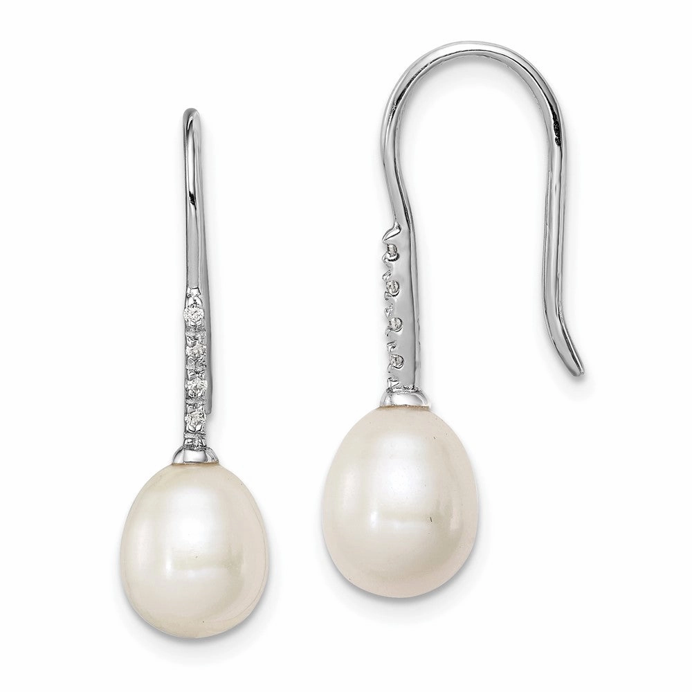 Sterling Silver Rhodium-plated 7-8mm Grey Teardrop Freshwater Cultured Pearl and CZ Dangle Earrings