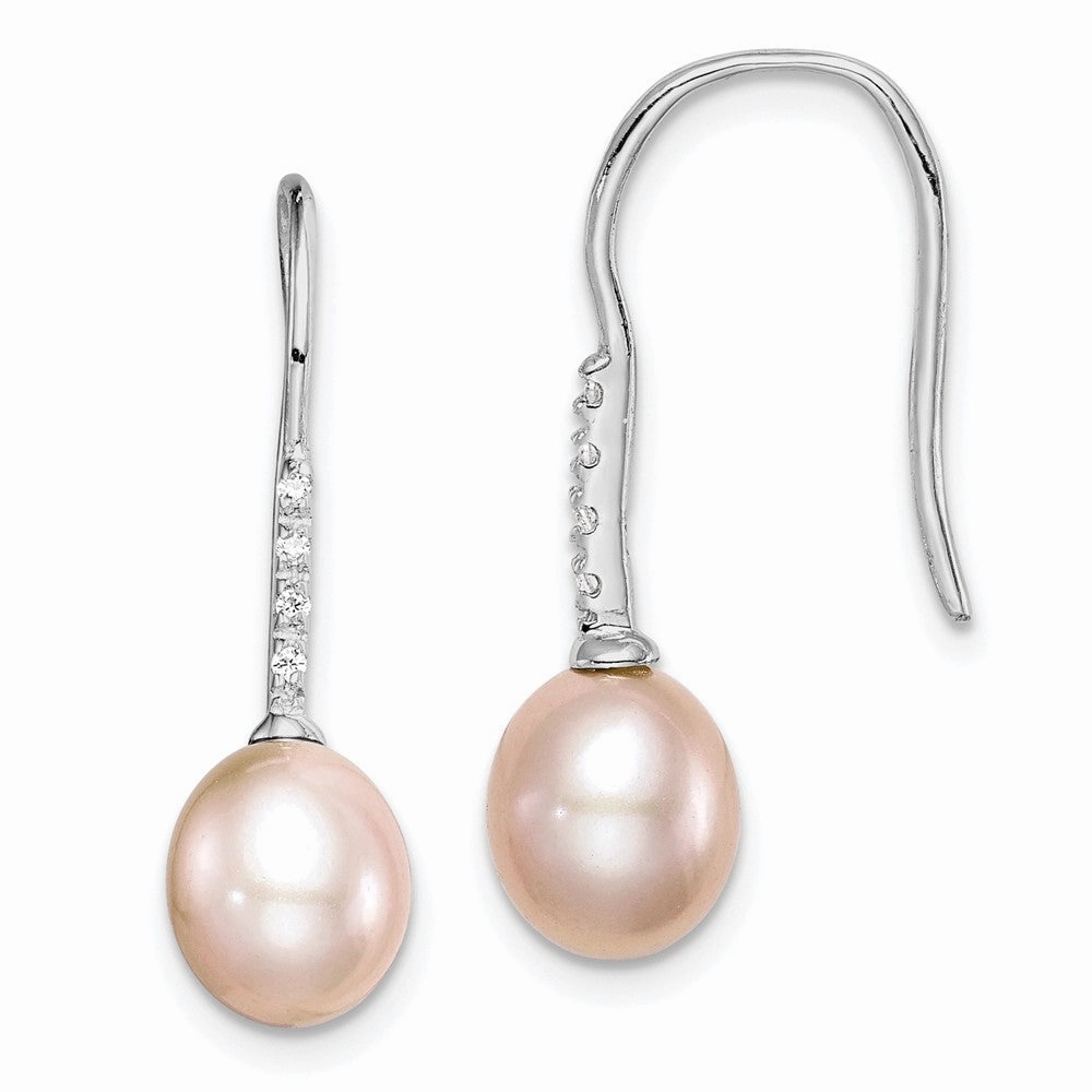 Sterling Silver Rhodium-plated 7-8mm Pink Teardrop Freshwater Cultured Pearl and CZ Dangle Earrings