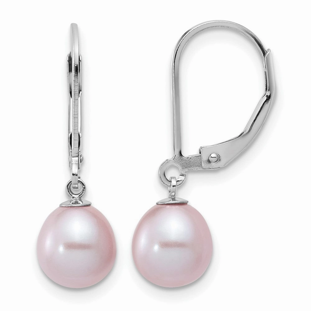 Sterling Silver Rhodium-plated 7-8mm Purple Teardrop Freshwater Cultured Pearl Leverback Dangle Earrings