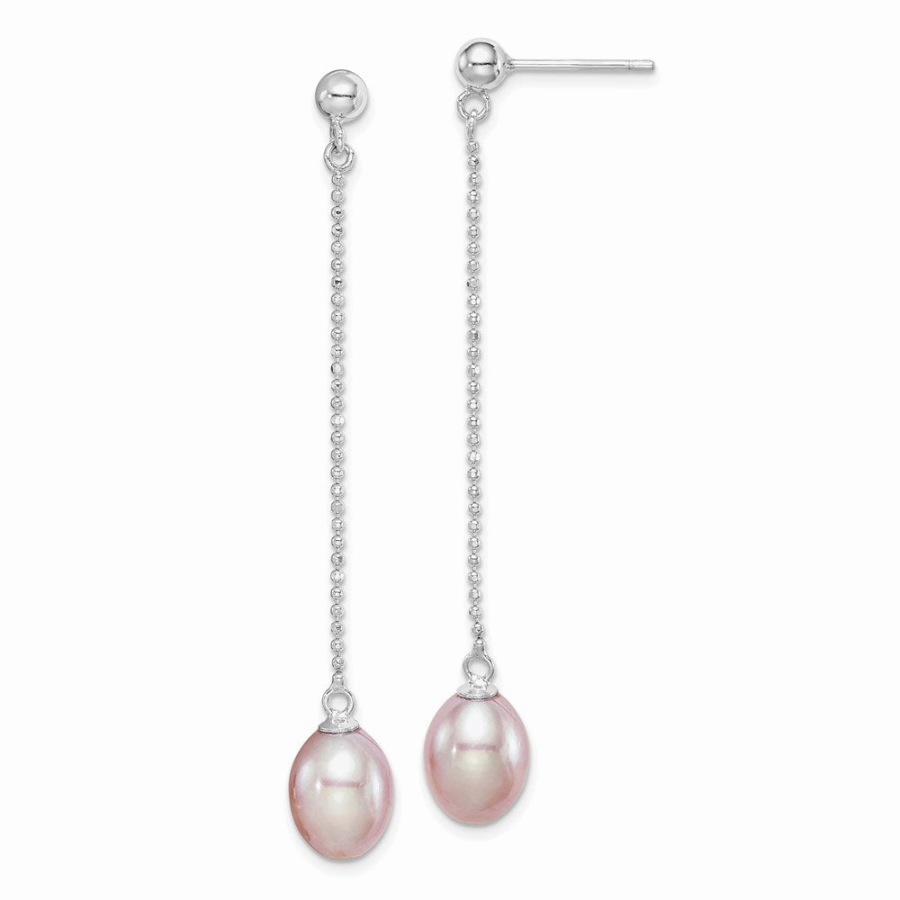 Sterling Silver Rhodium-plated 7-8mm Purple Teardrop Freshwater Cultured Pearl Post Dangle Earrings