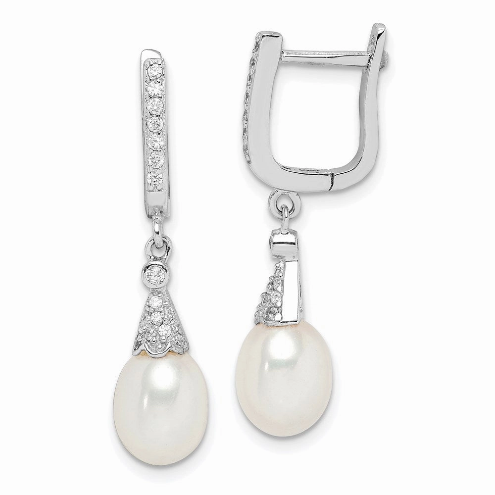 Sterling Silver Rhodium-plated 7-8mm White Rice Freshwater Cultured Pearl and CZ  Dangle Leverback Earrings