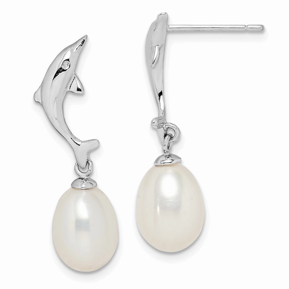 Sterling Silver Rhodium-plated 7-8mm White Rice Freshwater Cultured Pearl Dolphin Post Dangle Earrings
