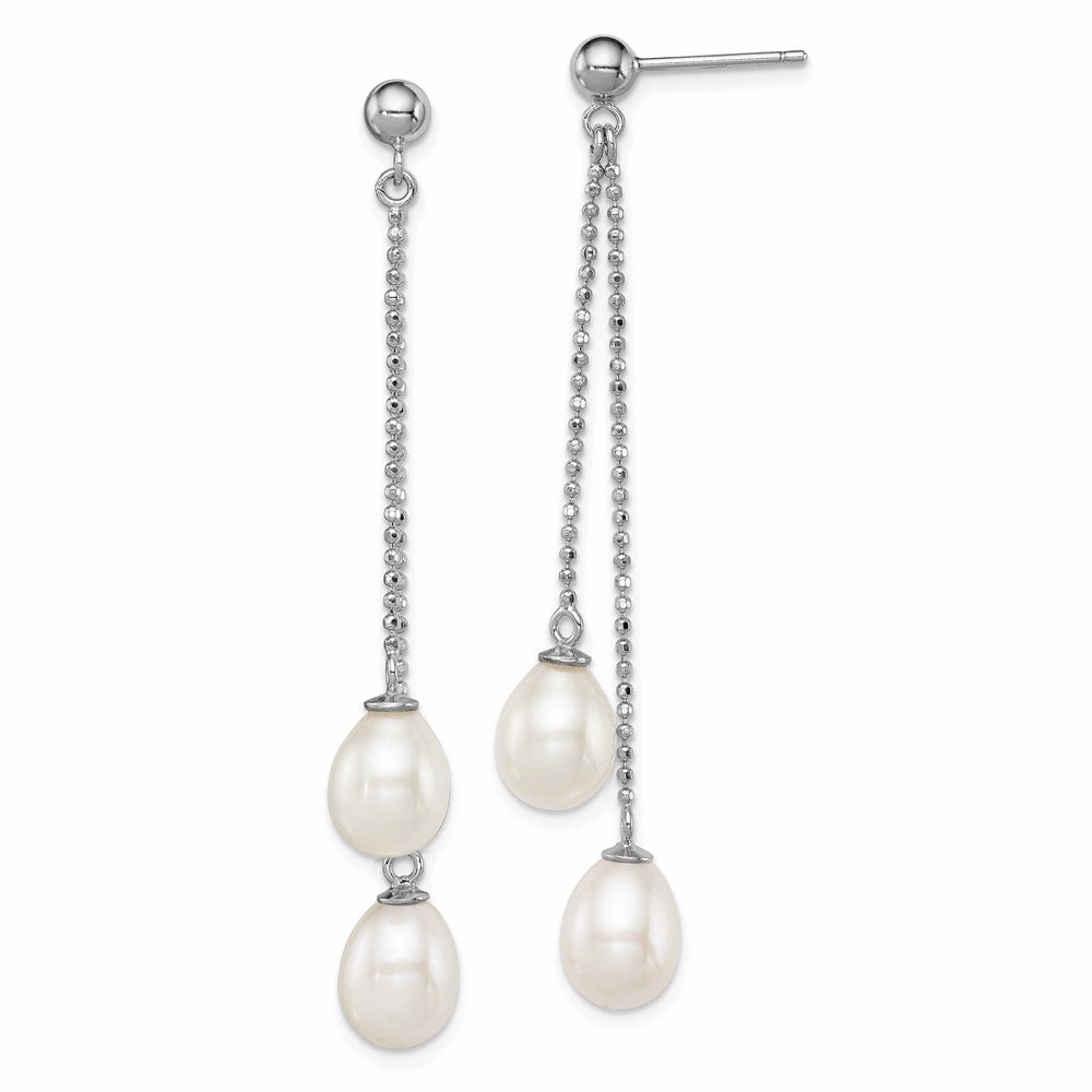 Sterling Silver Rhodium-plated 7-8mm White Rice Freshwater Cultured Pearl Post Dangle Earrings
