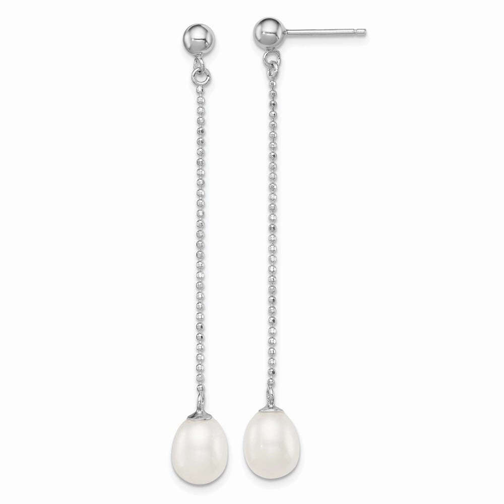 Sterling Silver Rhodium-plated 7-8mm White Rice Freshwater Cultured Pearl Post Dangle Earrings