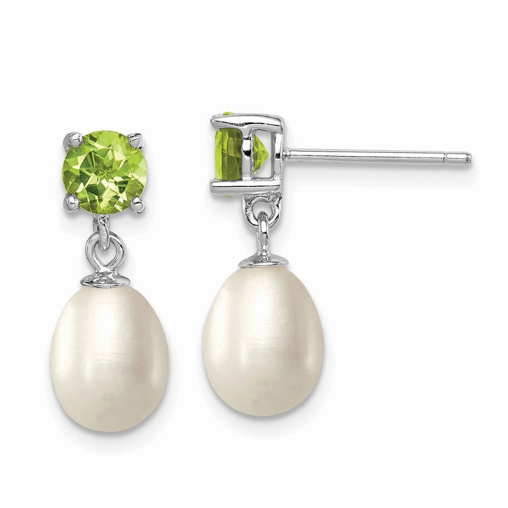 Sterling Silver Rhodium-plated 7-8mm White Teardrop Freshwater Cultured Pearl and 1.12PE Peridot Post Dangle Earrings