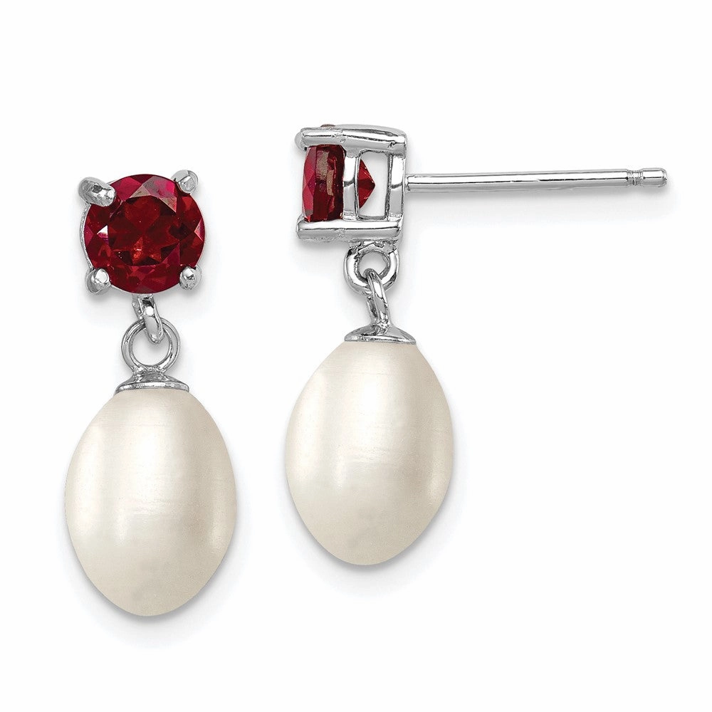 Sterling Silver Rhodium-plated 7-8mm White Teardrop Freshwater Cultured Pearl and 1.26GA Garnet Post Dangle Earrings