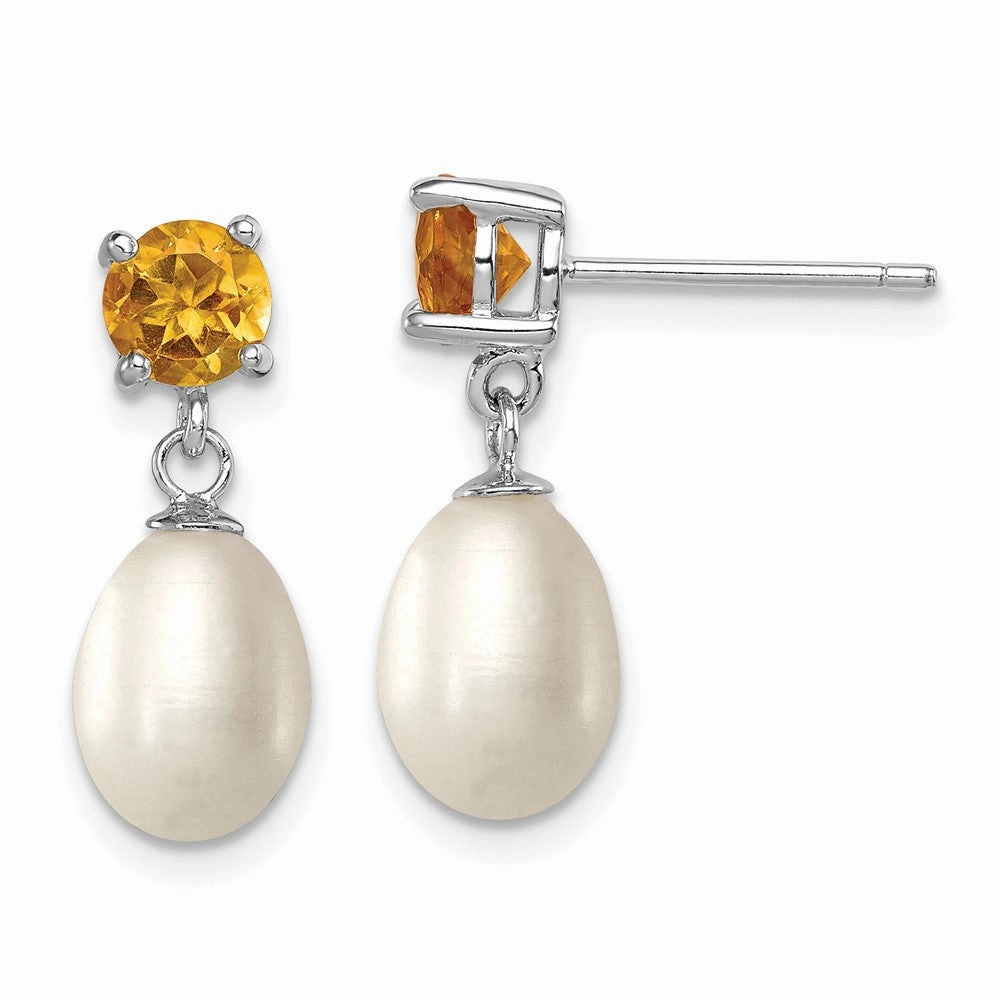 Sterling Silver Rhodium-plated 7-8mm White Teardrop Freshwater Cultured Pearl and .94CI Citrine Post Dangle Earrings