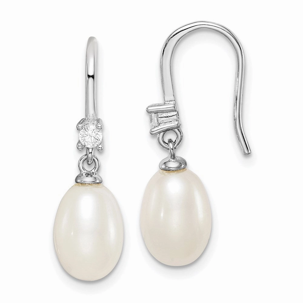 Sterling Silver Rhodium-plated 7-8mm White Teardrop Freshwater Cultured Pearl and CZ Dangle Earrings