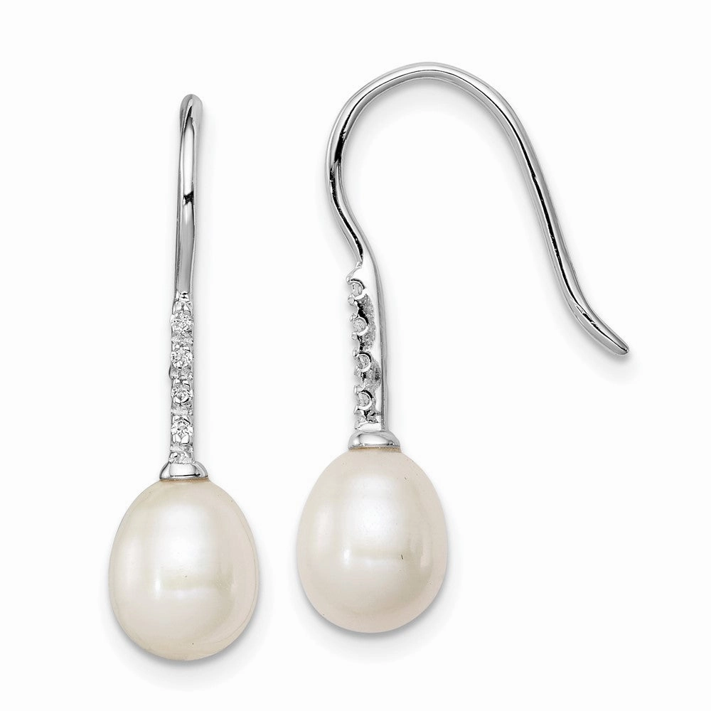 Sterling Silver Rhodium-plated 7-8mm White Teardrop Freshwater Cultured Pearl and CZ Dangle Earrings