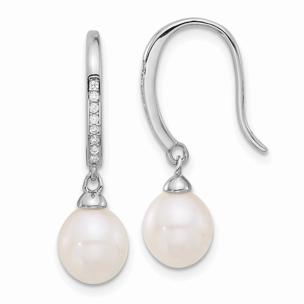 Sterling Silver Rhodium-plated 7-8mm White Teardrop Freshwater Cultured Pearl and CZ Dangle Earrings
