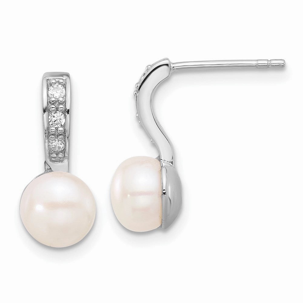 Sterling Silver Rhodium-plated 8-8.5mm White Button Freshwater Cultured Pearl and CZ Post Dangle Earrings