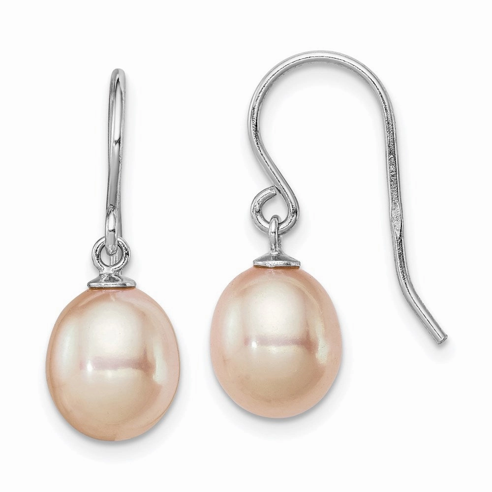 Sterling Silver Rhodium-plated 8-9mm Pink Teardrop Freshwater Cultured Pearl Dangle Earrings