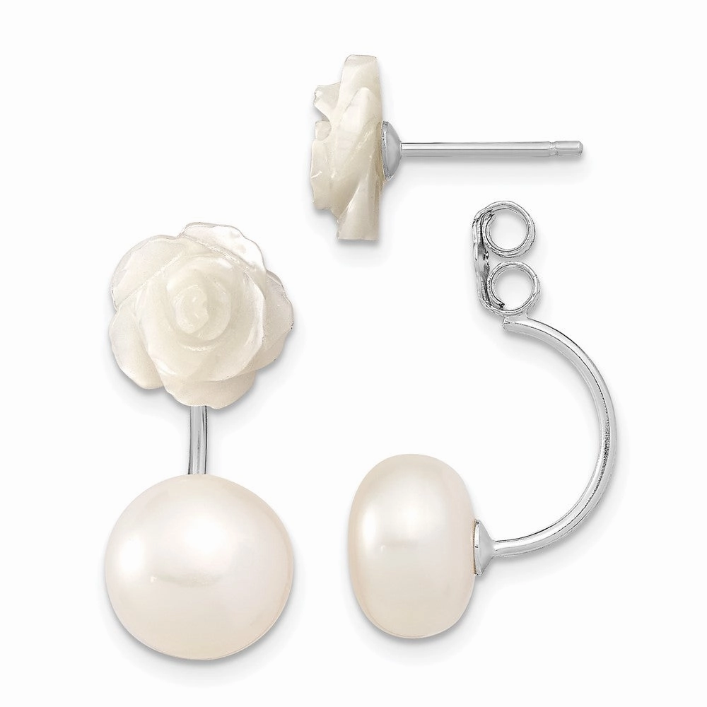 Sterling Silver Rhodium-plated 8-9mm White Button Freshwater Cultured Pearl and Mother Flower Front and Back Post Earrings