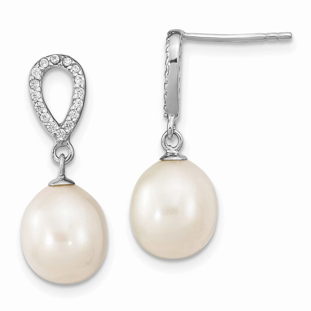 Sterling Silver Rhodium-plated 8-9mm White Rice Freshwater Cultured Pearl and CZ Post Dangle Earrings
