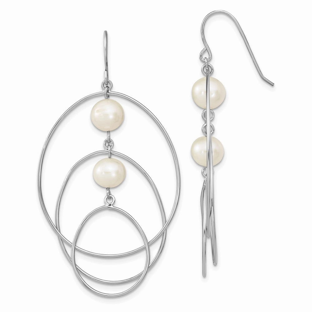 Sterling Silver Rhodium-plated 8-9mm White Semi-Round Freshwater Cultured Pearl Circles Dangle Earrings