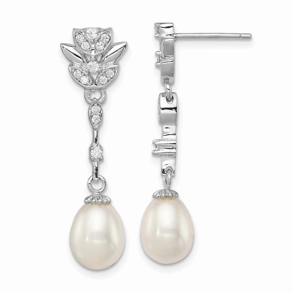 Sterling Silver Rhodium-plated 8-9mm White Teardrop Freshwater Cultured Pearl and CZ Post Dangle Earrings