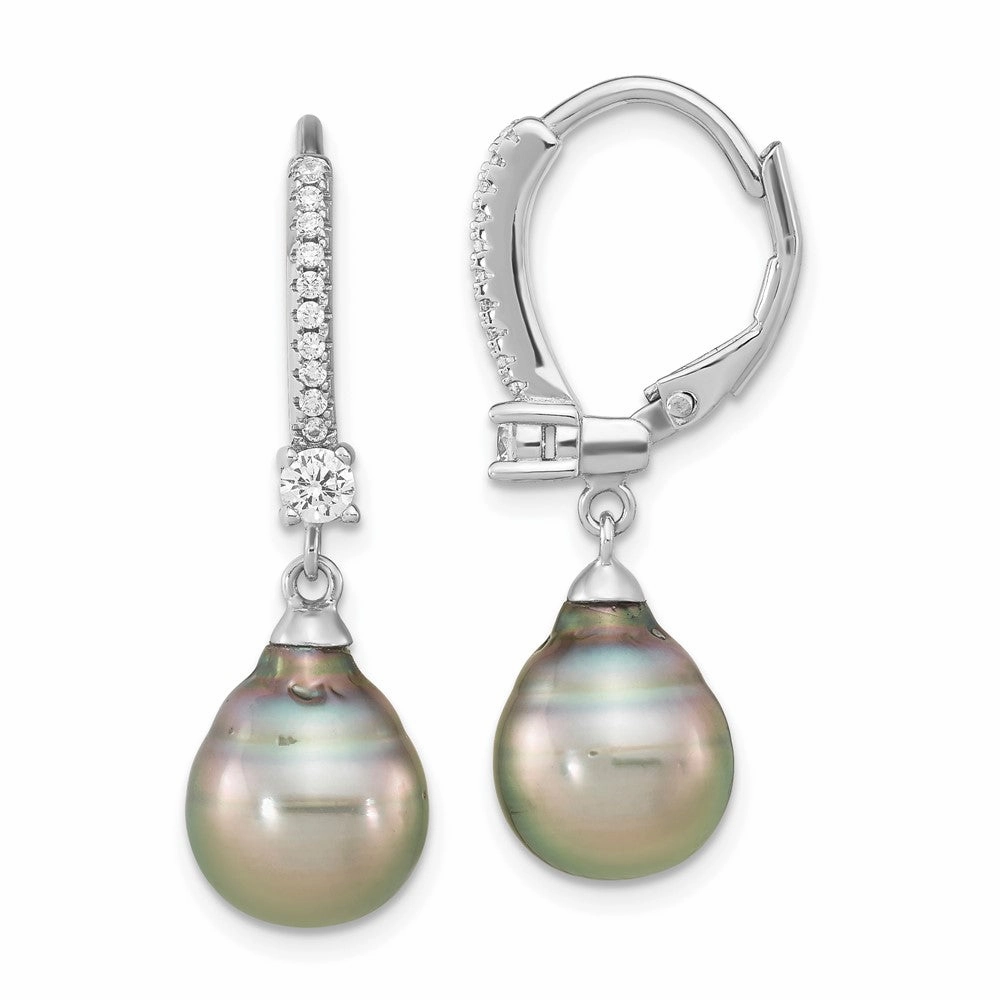 Sterling Silver Rhodium-plated 9-10mm Black Teardrop Tahitian Saltwater Cultured Pearl and CZ Dangle Leverback Earrings