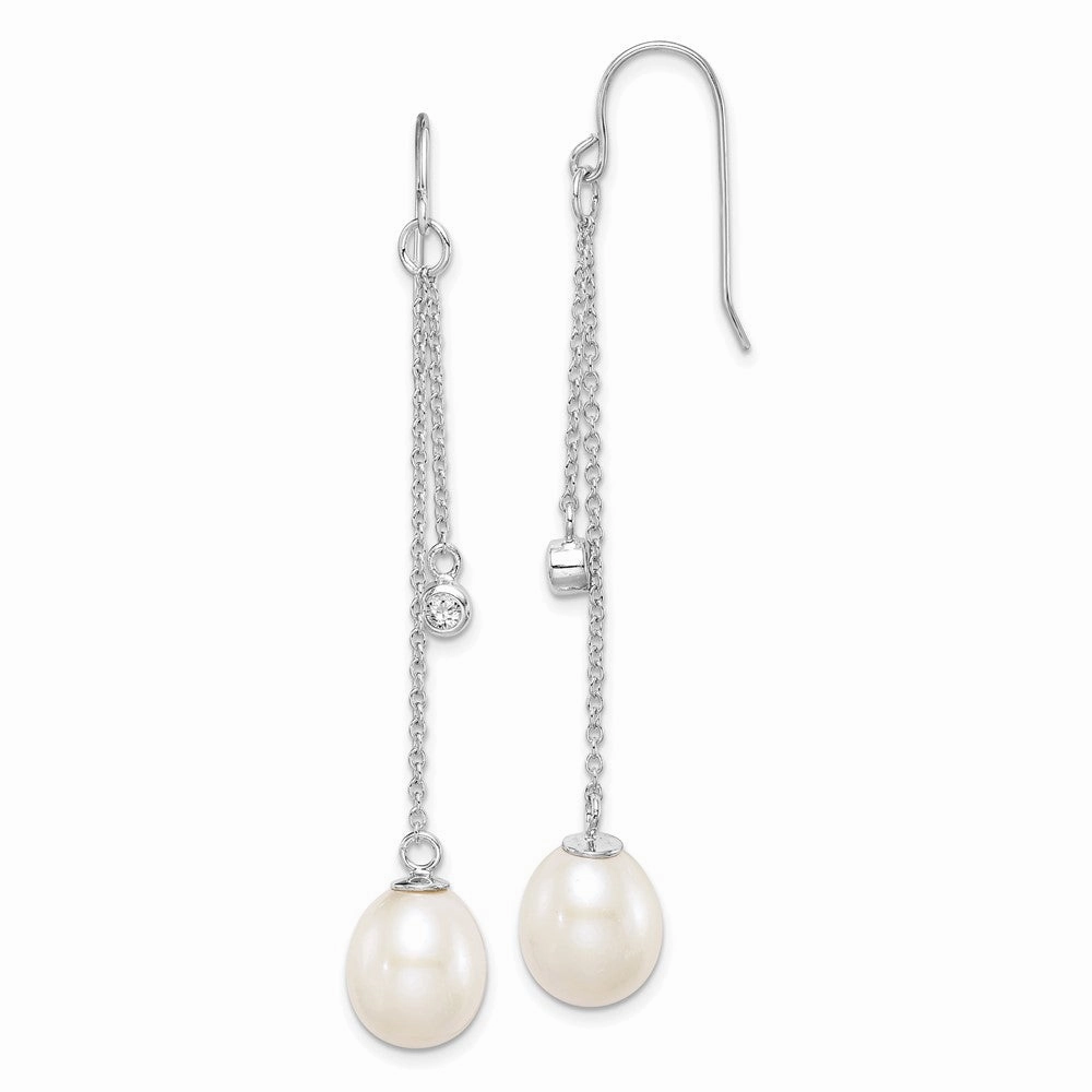 Sterling Silver Rhodium-plated 9-10mm White Teardrop Freshwater Cultured Pearl and CZ Dangle Earrings