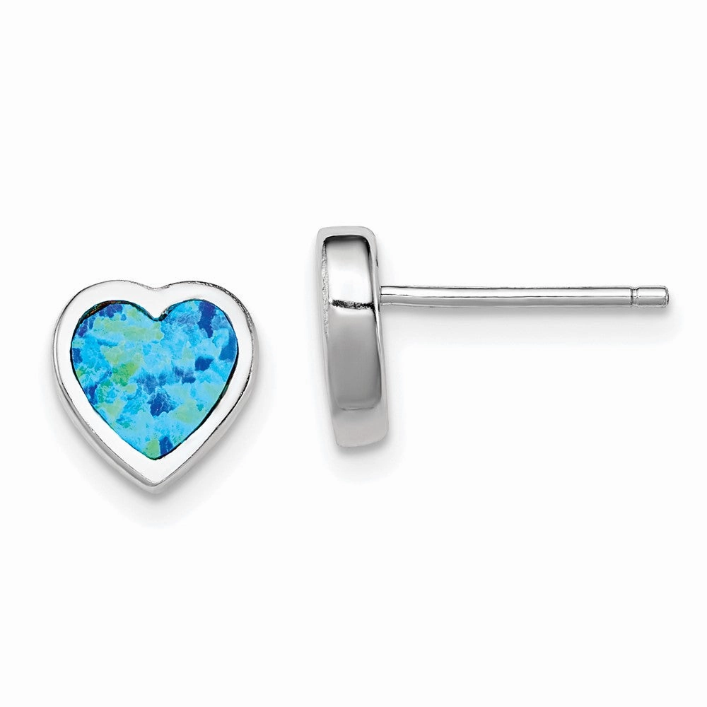 Sterling Silver Rhodium-plated 9mm Blue Created Opal Heart Post Earrings