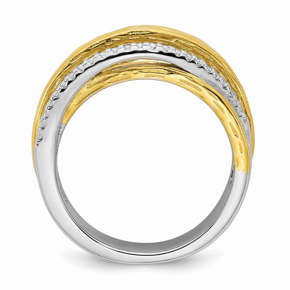 Sterling Silver Rhodium-plated and Gold-tone CZ Textured Brushed 4-Row Size 6 Ring