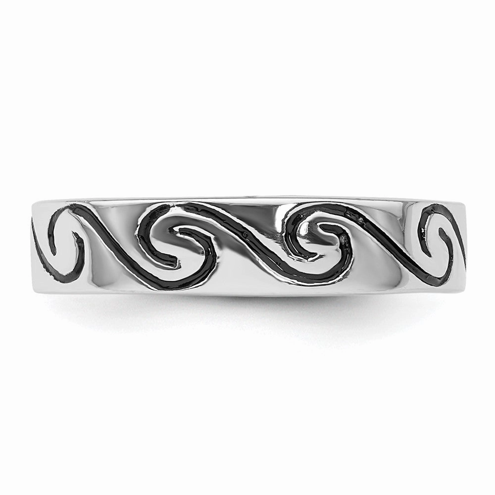 Sterling Silver Rhodium-plated Antiqued Wave Design 4.5mm Band Ring