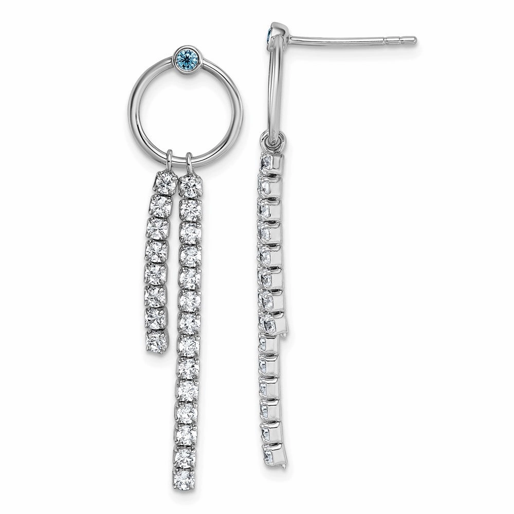 Sterling Silver Rhodium-plated Blue and White CZ Circle with 2 Drops Dangle Post Earrings