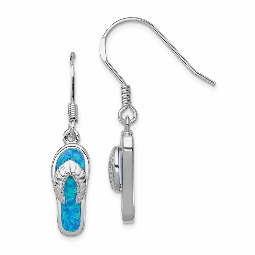 Sterling Silver Rhodium-plated Created Blue Inlay Opal Sandal Dangle Earrings