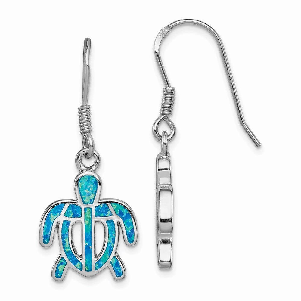 Sterling Silver Rhodium-plated Created Blue Opal Inlay Tortoise Dangle Earrings