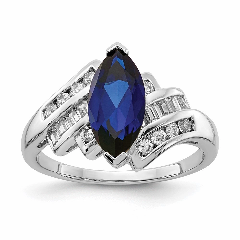 Sterling Silver Rhodium-plated Created Blue Sapphire and CZ Marquise Ring