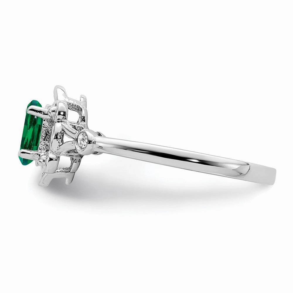 Sterling Silver Rhodium-plated Created Emerald & Diam. Ring