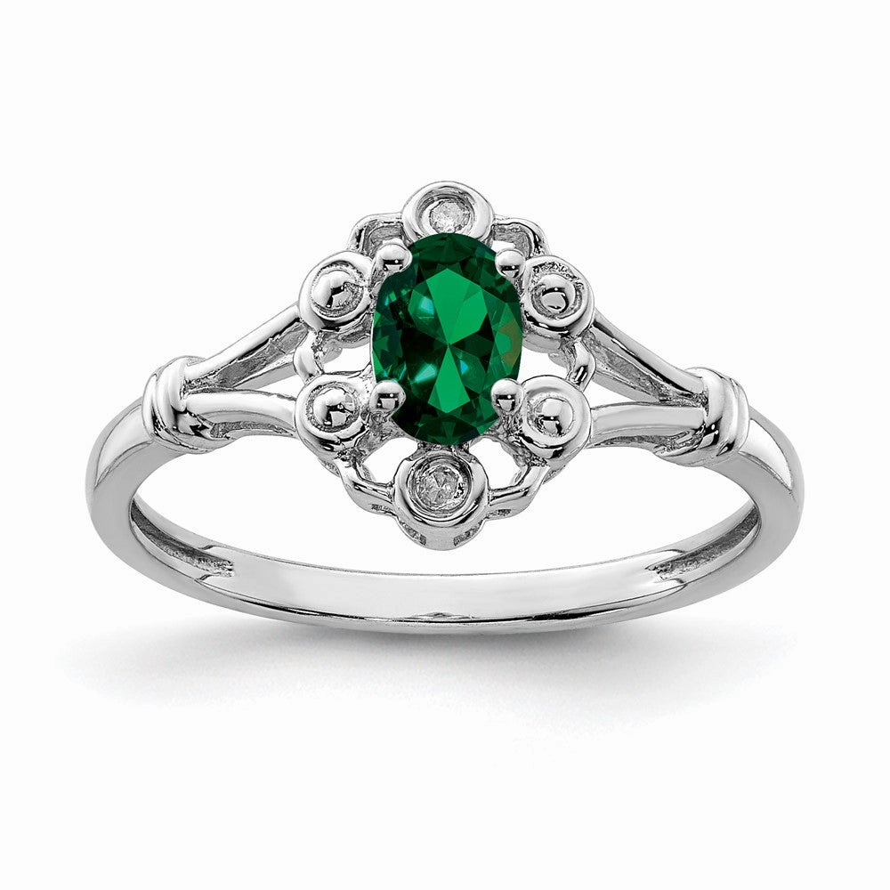 Sterling Silver Rhodium-plated Created Emerald & Diam. Ring