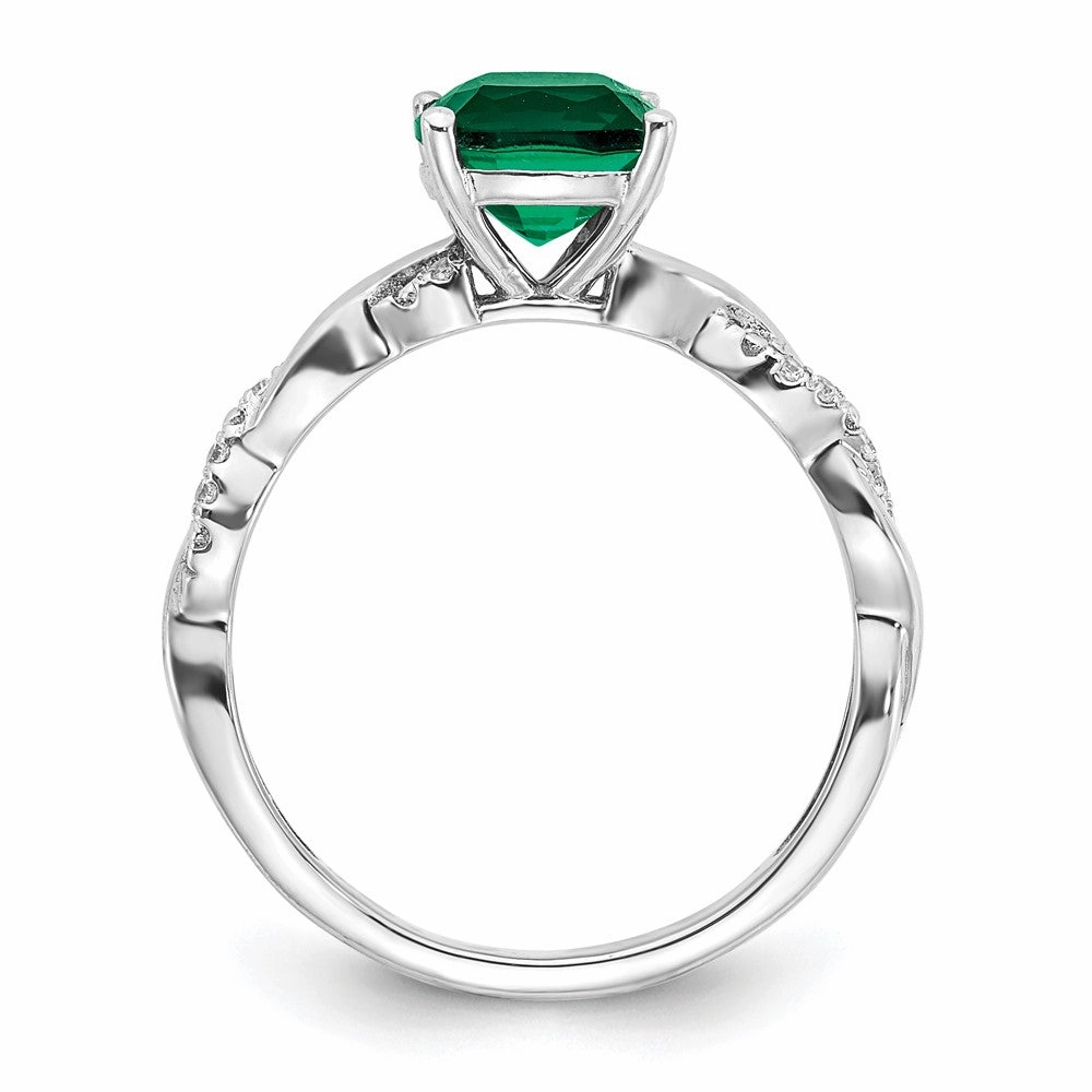 Sterling Silver Rhodium-plated Created Emerald and Diamond Ring
