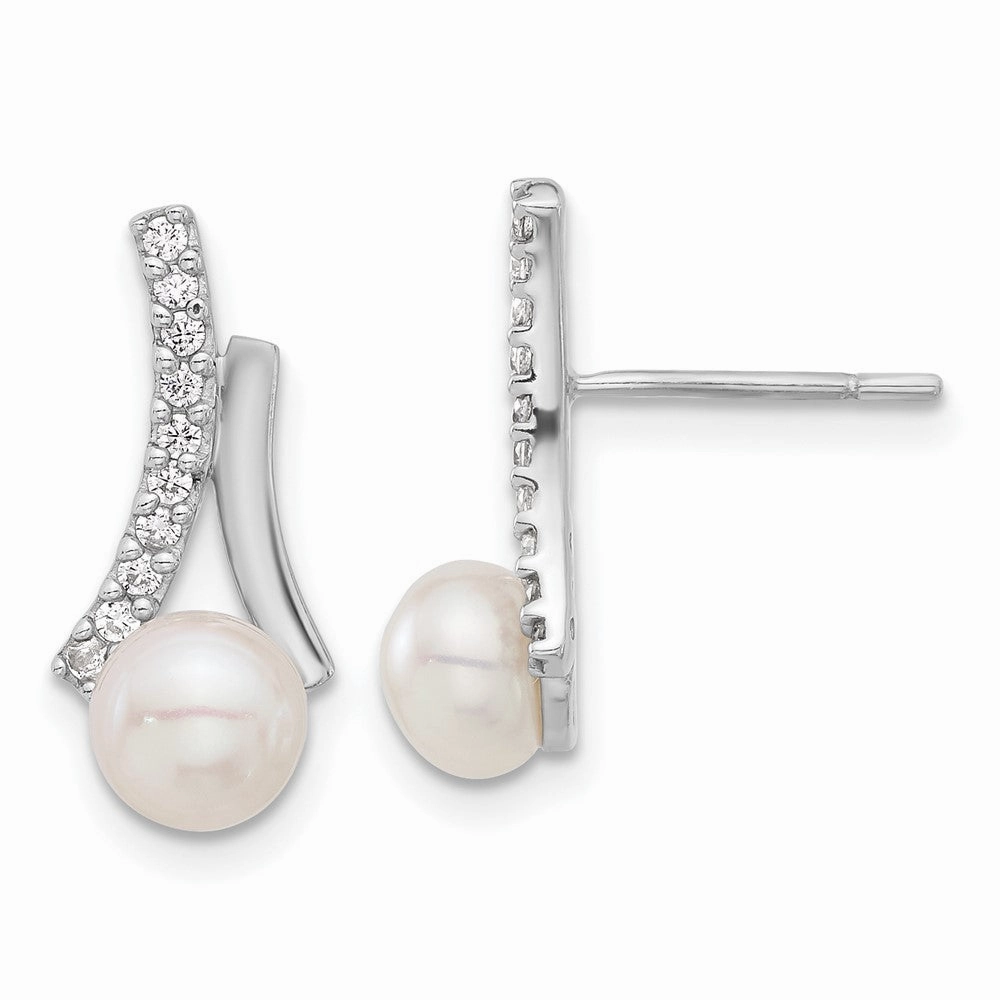 Sterling Silver Rhodium-plated CZ/Button 6mm FWC Pearl Post Earrings