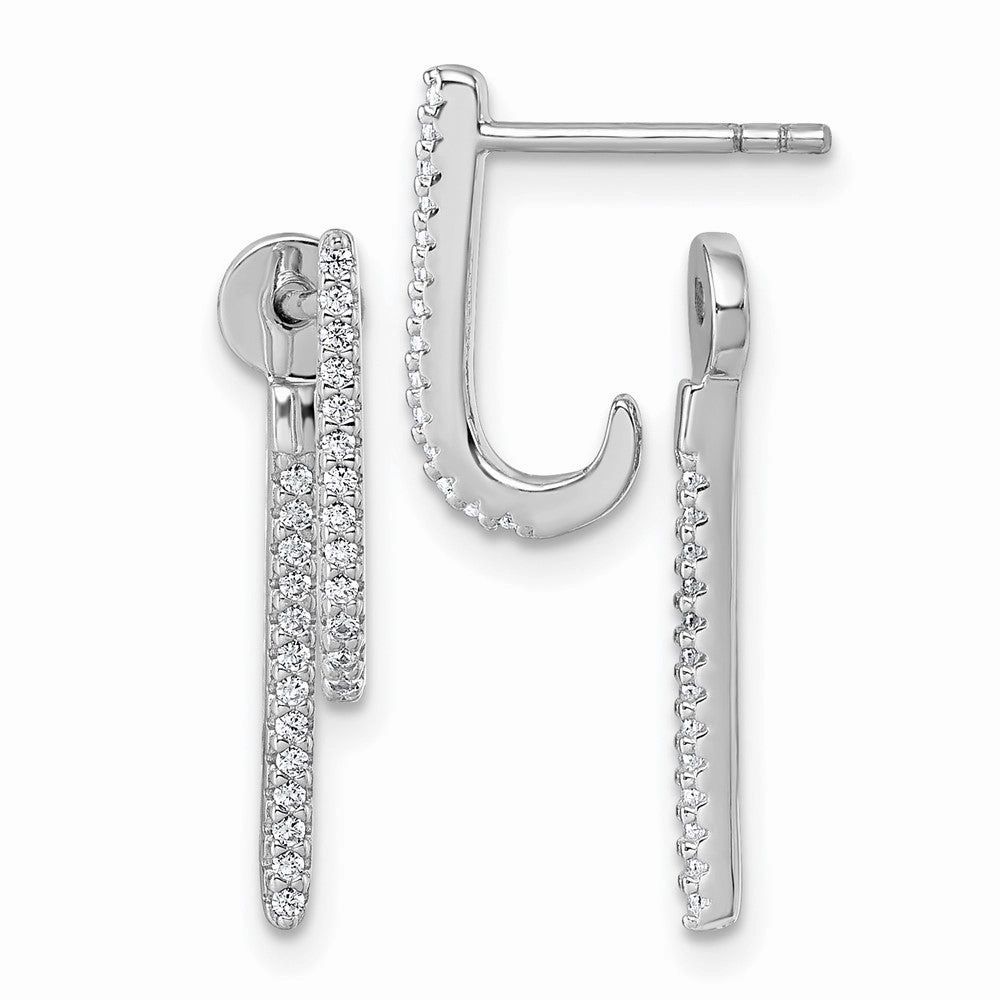 Sterling Silver Rhodium-plated CZ Front and Back Dangle J-Hoop Post Earrings