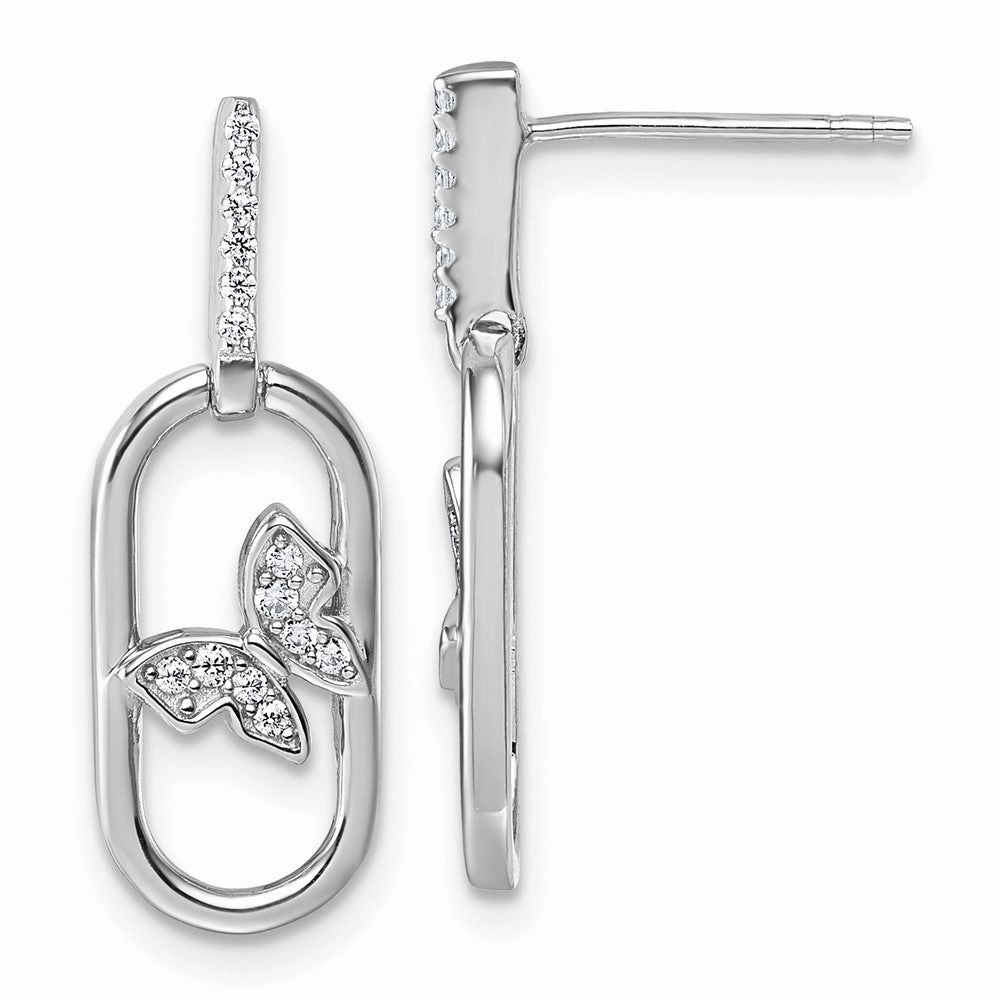 Sterling Silver Rhodium-plated CZ Oval Dangle With Butterfly Post Earrings