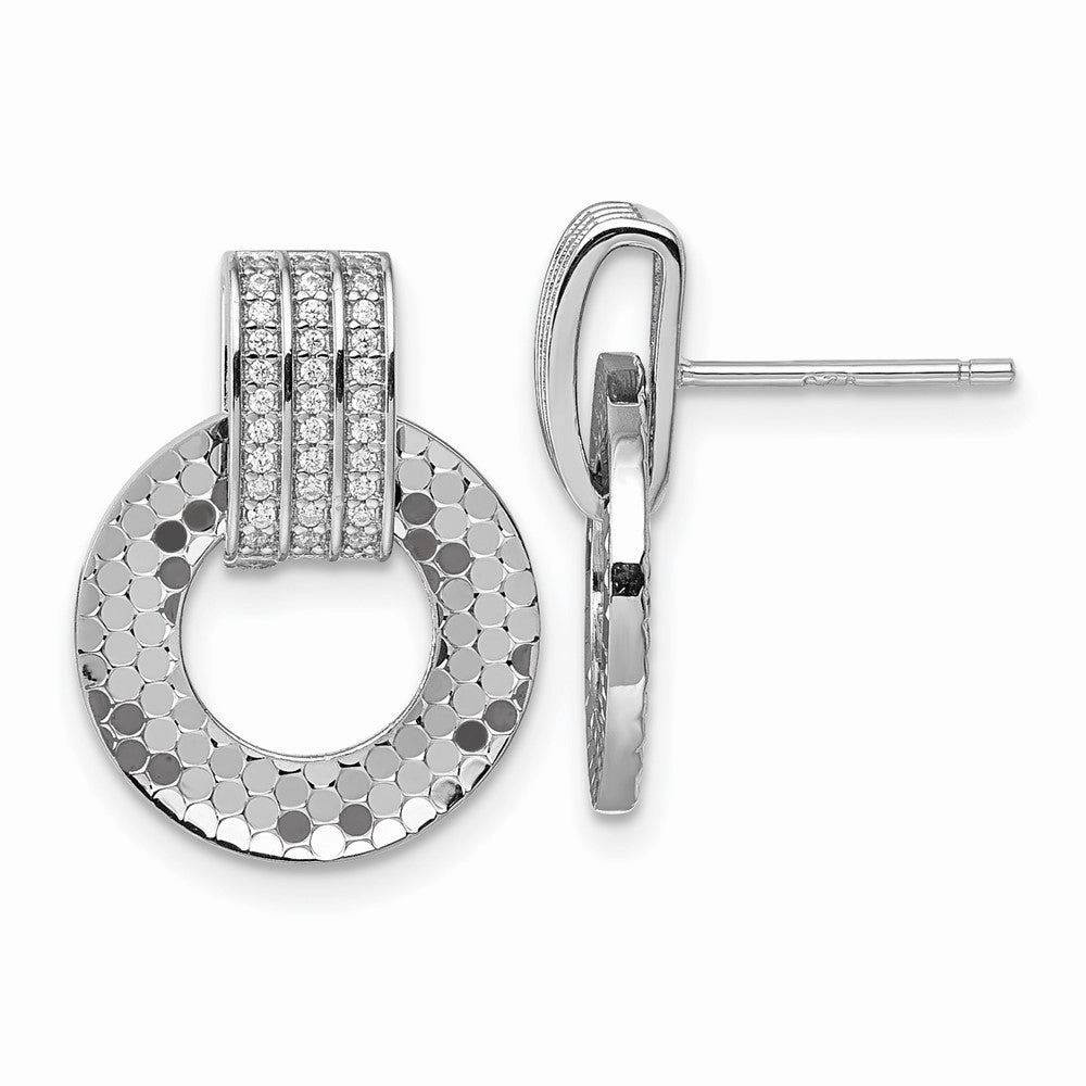 Sterling Silver Rhodium-plated CZ Polished Textured Moveable Circle Doorknocker Dangle Post Earrings