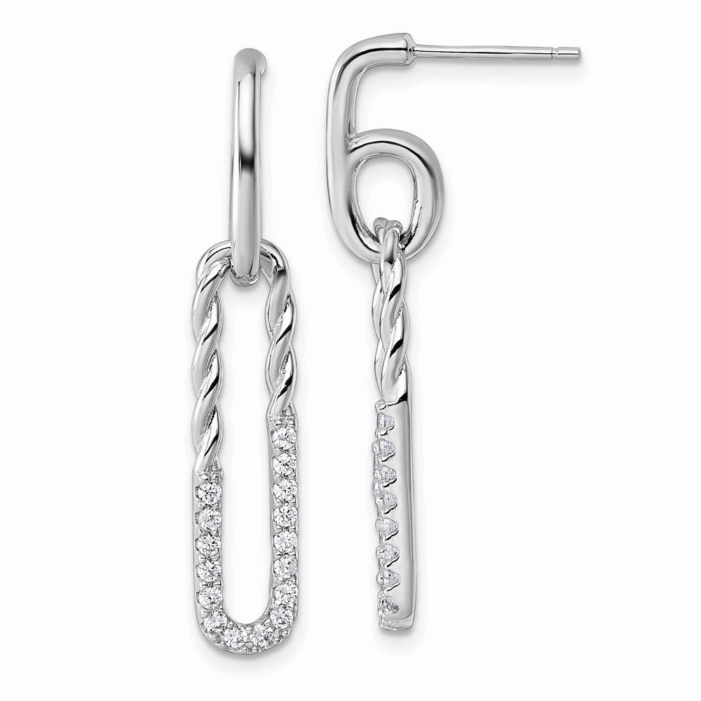 Sterling Silver Rhodium-plated CZ Polished Twisted Paper Clip Dangle Post Earrings