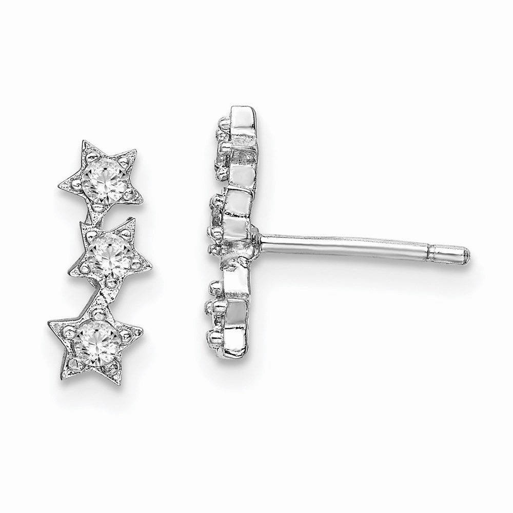 Sterling Silver Rhodium-Plated CZ Triple Star Stud Earrings