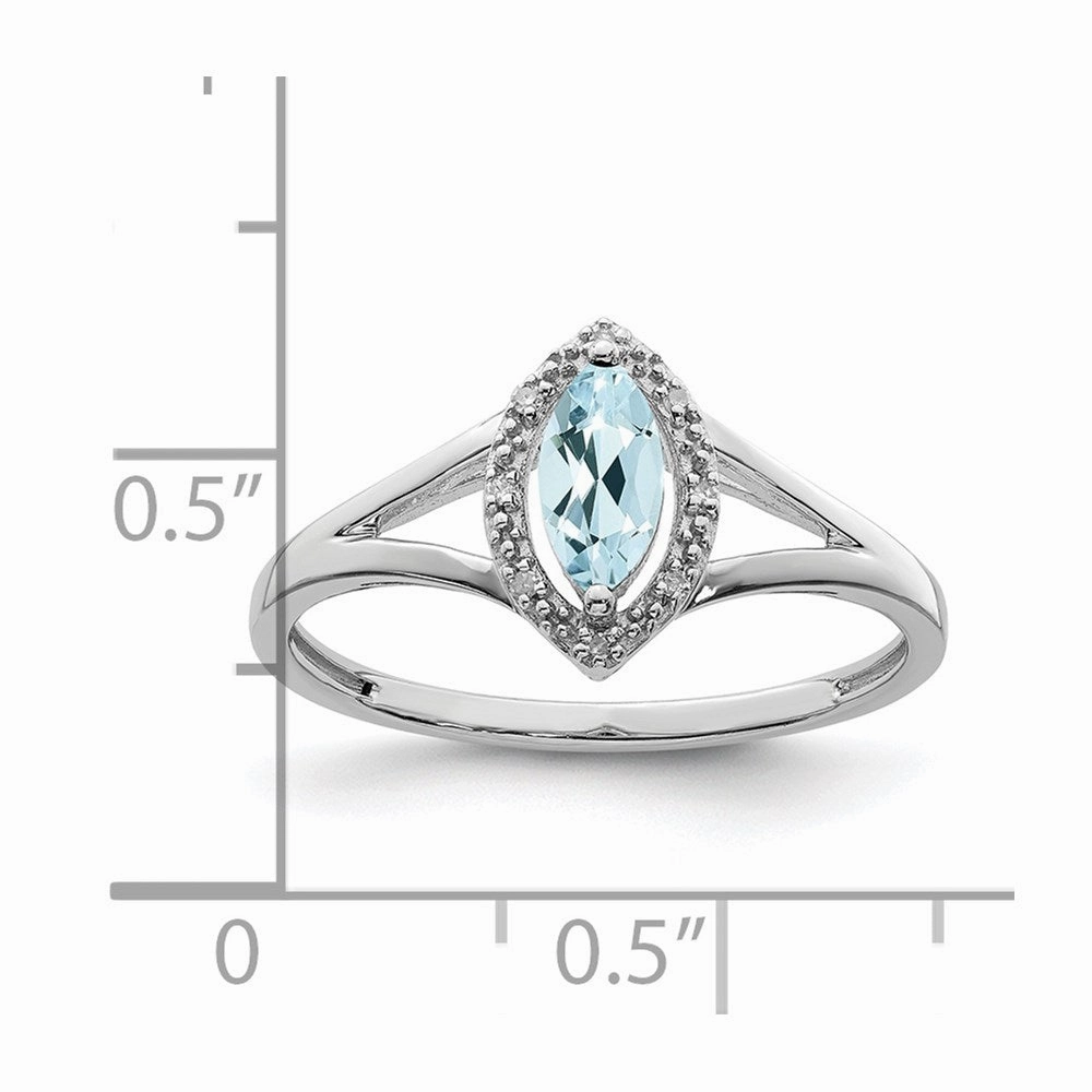 Sterling Silver Rhodium Plated Diamond & Aquamarine Marquise Ring