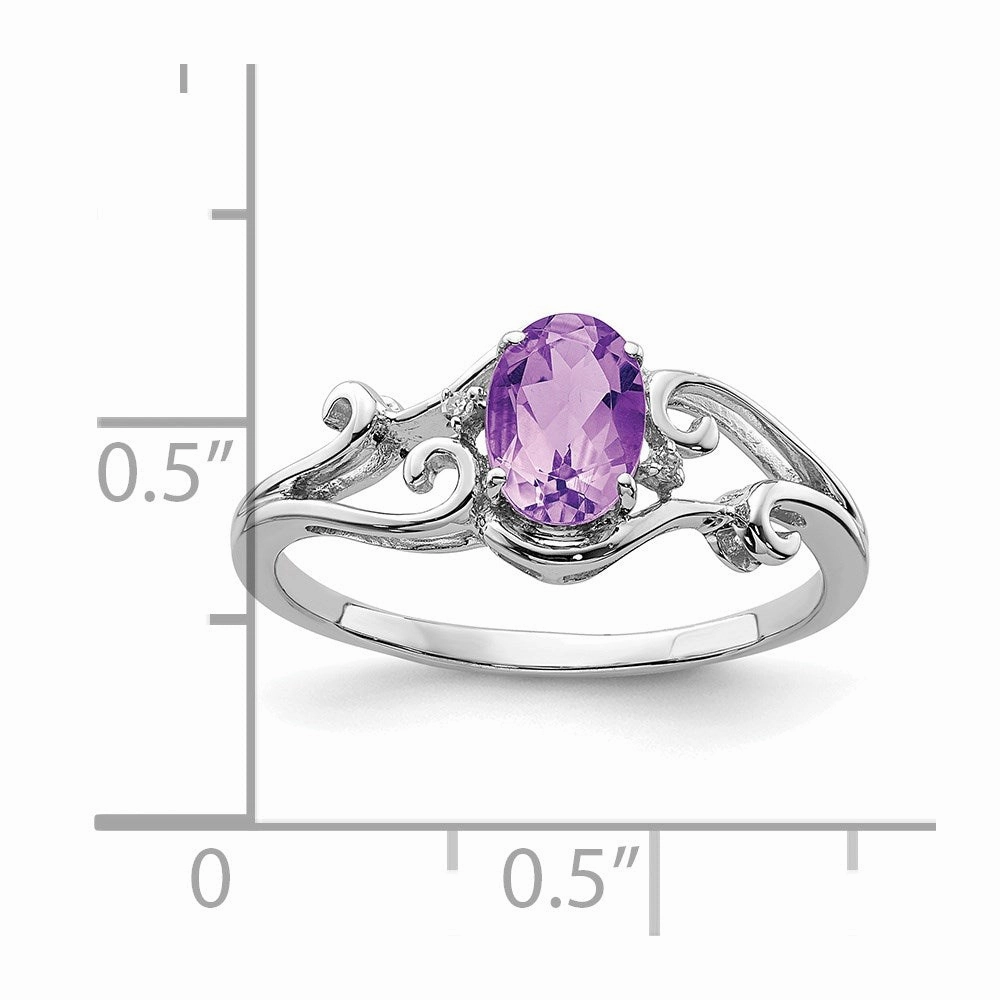 Sterling Silver Rhodium Plated Diamond and Amethyst Oval Ring