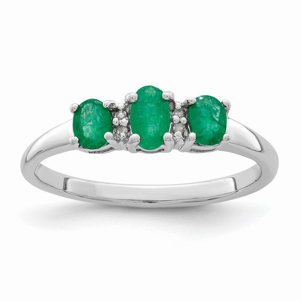 Sterling Silver Rhodium-plated Emerald 3 Stone and Diamond Ring