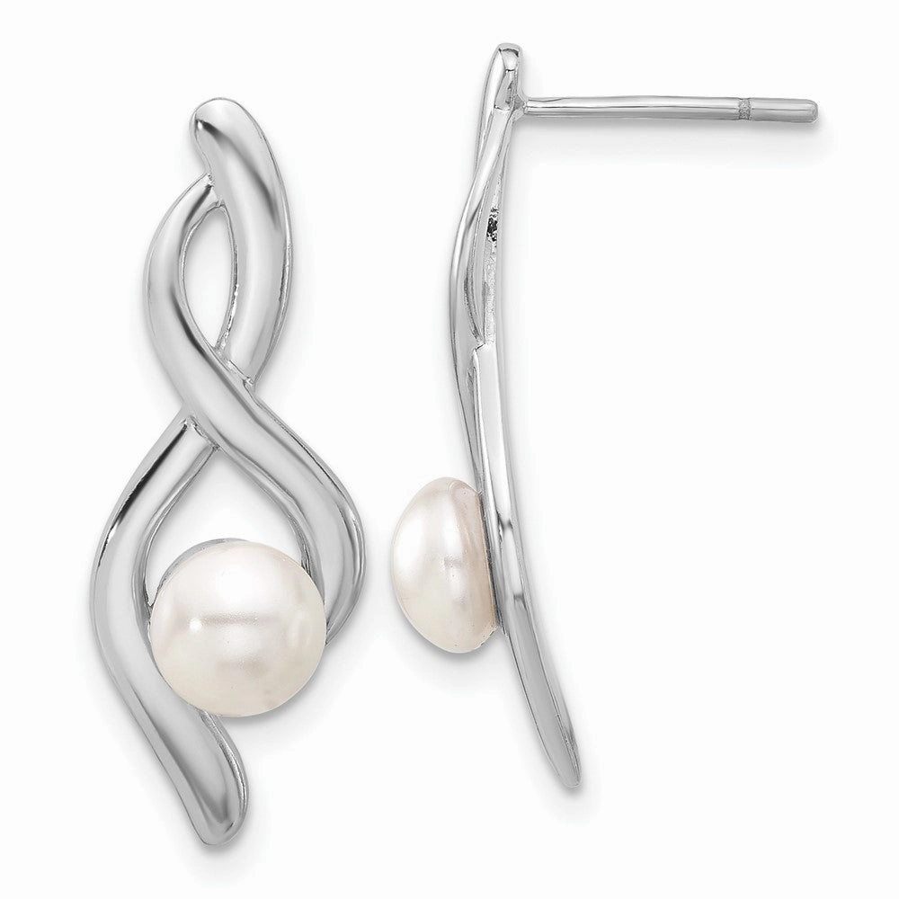 Sterling Silver Rhodium-plated Fancy Twist Glass Pearl Post Dangle Earrings